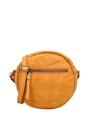 Ümmargunebeež nahast õlakott esetaskuga ja reguleeritava rihmaga, valge taustaga.