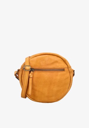 Ümmargunebeež nahast õlakott esetaskuga ja reguleeritava rihmaga, valge taustaga.