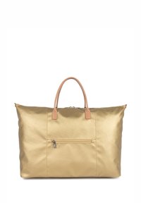 Borsa da viaggio in nylon dorato con manici in pelle beige, tasca con zip, texture liscia, grande dimensione e design minimalista.