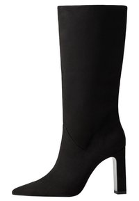 Bottine noire en suede pour femme, mi-mollet, avec un bout pointu et un talon bloc haut.