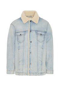 Ljusblå denimjacka med en krämfärgad sherpa-krage, knapplåsning och två framfickor med klaffar. Mjuk textur och avslappnad design.
