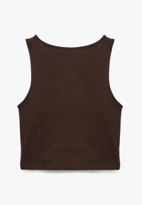 Crop top marron sans manches en tissu doux, avec un col rond et des coutures épurées et simples. Aucune motif visible ni détail de matériel.