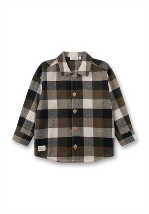 Braun-grau kariertes Flanellhemd mit langen Ärmeln, klassischem Kragen und Holzknöpfen. Etikett unten links mit Text.