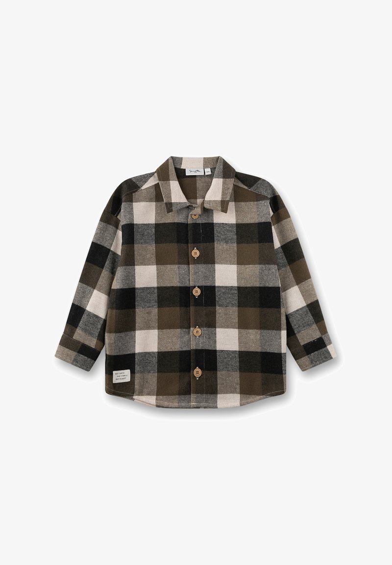 Braun-grau kariertes Flanellhemd mit langen Ärmeln, klassischem Kragen und Holzknöpfen. Etikett unten links mit Text.