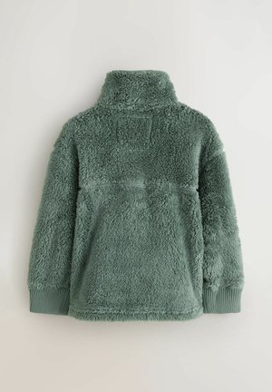 Fleece-pullover i mjukt, strukturerat grönt material med hög krage, långa ärmar och ribbade muddar. Minimalistisk design utan dekorationer.