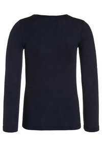 Navy long-sleeve shirt made of soft knit fabric with a rounded neckline and plain design. Features fitted sleeves and a straight hem.