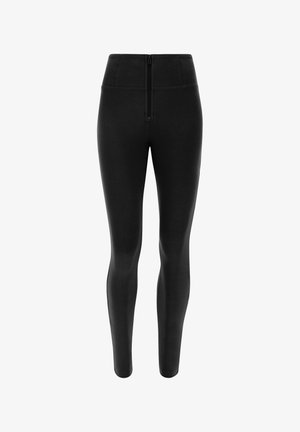 Black leggings featuring a high waistband and a front zipper. Made of smooth, stretchy fabric, designed for a close fit.