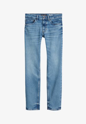 Jeans in denim blu chiaro con vestibilità dritta, cinque tasche, cuciture visibili e sbiadimento sottile. Chiusura con bottone e zip frontale.