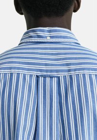 Camicia a righe blu e bianche con colletto abbottonato, caratterizzata da una cucitura sul retro e una morbida trama di cotone.