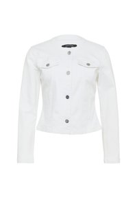Veste en jean blanc avec manches longues, col et deux poches poitrine à l'avant avec des boutons en argent. Texture lisse, design ajusté.