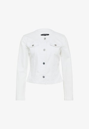 Biała kurtka dżinsowa z długim rękawem, kołnierzykiem oraz dwiema kieszeniami na klatce piersiowej z srebrnymi guzikami. Gładka tekstura, dopasowany fason.