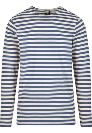 Camisa de manga larga y cuello redondo con franjas horizontales alternas en azul y crema. Tejido de algodón suave con una textura lisa y un ajuste estándar.