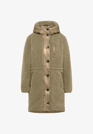 Olijfgroene jas met een pluizige, zachte textuur en een glanzende, gewatteerde voorkant. Het bevat een capuchon, knopen en zijzakken.