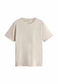 Helebeige puuvillane T-särk ümmarguse kaelusega, lühikeste varrukkatega ja lihtsa disainiga, millel on pehme tekstuur ning ei ole silmapaistvaid mustreid ega aksessuaare.