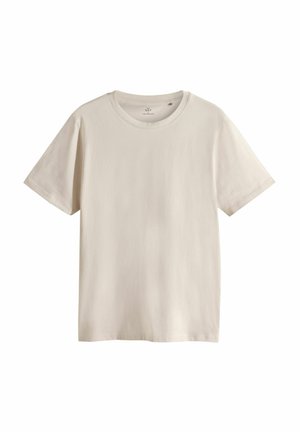 Lyse beige bomulds t-shirt med rund halsudskæring, korte ærmer og et enkelt design, der har en blød tekstur uden synlige mønstre eller detaljer.