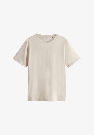 Light beige cotton t-shirt with a crew neck, short sleeves, and a plain design, featuring a soft texture and no visible patterns or accents.
