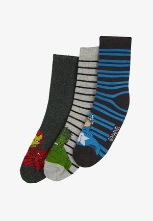 Set of three socks: dark gray with Iron Man graphic, light gray striped, and dark brown with blue stripes and Captain America graphic.