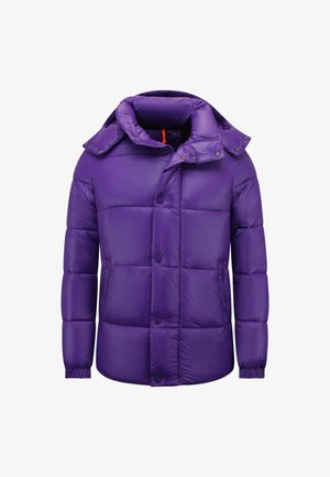 Paarse gewatteerde donsjas met hoge kraag, drukknopen, zijzakken en geribbelde manchetten, ontworpen voor koud weer.