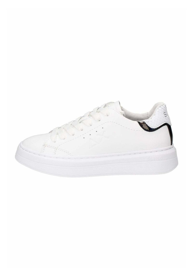 Sneaker bianchi in pelle con una superficie liscia, punta rotonda, chiusura con lacci e suola in gomma bianca leggermente sollevata. Presentano un dettagli metallici sul tallone.