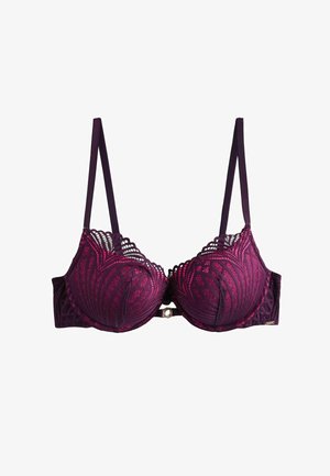 Beha van kant met een diepe paarse basis en levendige magenta accenten, voorzien van decoratieve geschulpte randen en verstelbare bandjes. Metalen sluiting.