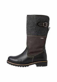 Bottes montantes avec une partie inférieure en cuir noir et une partie supérieure en feutre gris. Comprend une sangle en cuir marron avec une boucle en métal et des coutures.