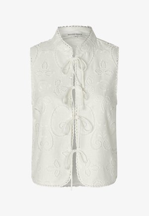 White sleeveless blouse with floral embroidery, round neckline, and ties at the front. Scalloped hem and detailed stitching accents.