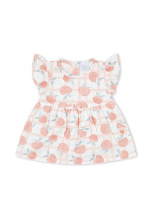 Vestido de bebé con mangas cortas con vuelo, estampado de melocotón, fondo pálido a cuadros y pequeño detalle de lazo en la cintura.