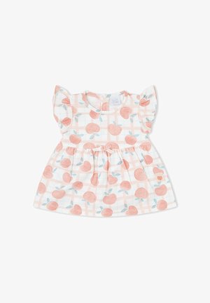 Vestido de bebé con mangas cortas con vuelo, estampado de melocotón, fondo pálido a cuadros y pequeño detalle de lazo en la cintura.
