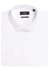 Bijela slim-fit košulja izrađena od glatkog pamučnog materijala, s klasičnom kragnom, kopčanjem na dugmiće i manžetama s dva dugmeta. Vidljiva oznaka branda.
