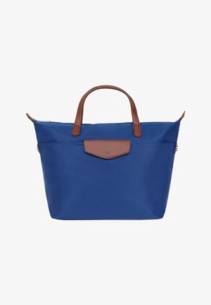 Blaues Nylon-Shopper-Tasche mit braunen Ledergriffen und -akzenten. Verfügt über einen Reißverschluss und ein Frontfach mit einer Klappe aus braunem Leder.
