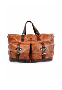 Braune Ledertasche mit geräumigem Design, zwei Fronttaschen, braunen Akzenten und zwei Griffen für einfaches Tragen.