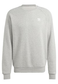 Ljusgrå Adidas sweatshirt med långa ärmar, ribbade muddarna och nederkanten, samt en liten vit Adidas-logga på vänster bröst.
