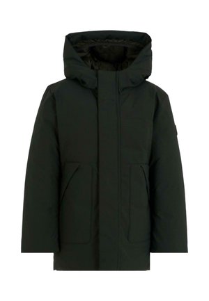 Giubbotto invernale nero con cappuccio, dotato di zip frontale e due grandi tasche laterali, con una texture liscia. Presenta una vestibilità leggermente ampia e un design minimalista.