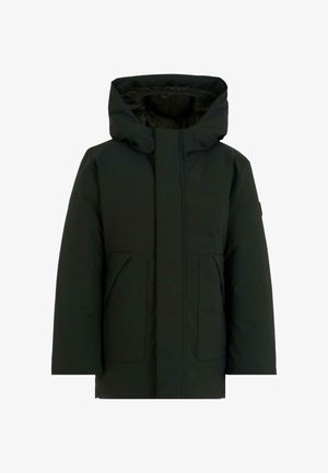 Giubbotto invernale nero con cappuccio, dotato di zip frontale e due grandi tasche laterali, con una texture liscia. Presenta una vestibilità leggermente ampia e un design minimalista.