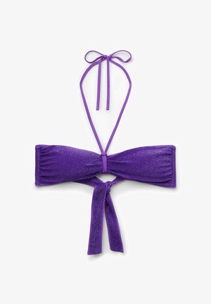 Purple bikini top with a shiny, textured finish. Features a bandeau design with ties at the neck and a central bow detail.