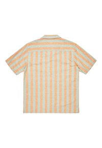 Korte mouwen shirt met afwisselende oranje en lichtblauwe verticale strepen, gemaakt van lichtgewicht stof met een ontspannen ontwerp en kraag.