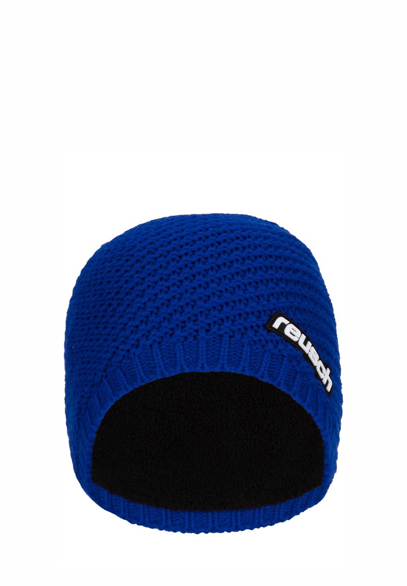Blue knitted beanie with a textured pattern, featuring a black fleece interior and a white "reusch" logo tag on the side.
