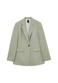 Hellgrünes Blazerjackett mit einem einzelnen schwarzen Knopf, Reverskragen und zwei Vorderaschen. Glattes Material mit strukturiertem Schnitt.