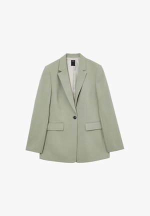 Hellgrünes Blazerjackett mit einem einzelnen schwarzen Knopf, Reverskragen und zwei Vorderaschen. Glattes Material mit strukturiertem Schnitt.