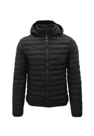 Giacca imbottita nera con trapuntatura orizzontale, zip frontale completo, cappuccio e maniche lunghe.
