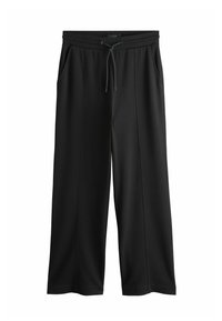 Mustat leveälahkeiset housut pehmeästä materiaalista, joissa on kiristysnauha vyötäröllä ja kaksi sivutaskua. Sileä pinta ilman näkyviä kuvioita.