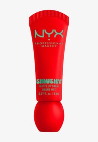 Röd tub med NYX Smushy Matte Lip Balm med rundad röd botten, blågrön text och ribbad topp, 0,27 fl. oz. (8 mL) kapacitet.