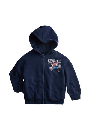 Navyblå lynlåshættejakke lavet af blødt stof med et Spider-Man-print på venstre bryst og ribstrikkede manchetter og kant.