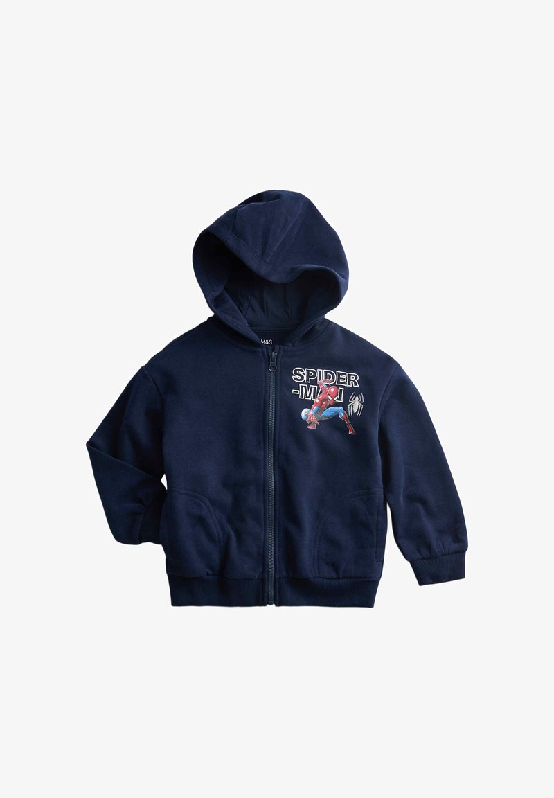 Navyblå lynlåshættejakke lavet af blødt stof med et Spider-Man-print på venstre bryst og ribstrikkede manchetter og kant.