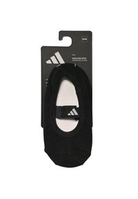 Calcetines de yoga Adidas negros con un diseño de corte bajo, tejido texturizado y una correa que presenta el logo de Adidas. Envasados en una tarjeta de fondo negra.