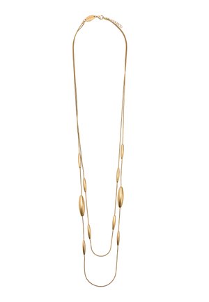 Długi złoty naszyjnik z dwiema cienkimi łańcuszkami i wieloma wydłużonymi owalnymi koralikami równomiernie rozmieszczonymi. Zapięcie z regulowanym przedłużaczem łańcuszka.