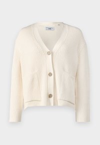 Strickcardigan in Elfenbein mit V-Ausschnitt, Knopfverschluss und zwei frontseitigen Taschen. Mit geripptem Struktur und cropped Design.