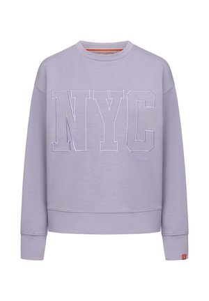 Lila sweatshirt met "NYC" geborduurd in bijpassend garen. Heeft een ronde halslijn, lange mouwen en ribgebreide onderrand en manchetten.