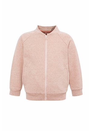 Veste polaire à fermeture éclair pour enfants, rose clair, avec manches longues, poignets côtelés et poches latérales, présentée sur un fond blanc.