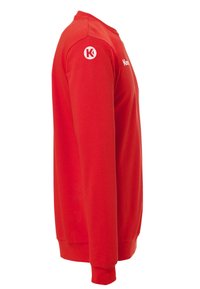 Sweatshirt rouge avec un col rond, des manches longues et des poignets côtelés. Présente un logo blanc sur l'épaule droite et la poitrine. Matière en mélange de coton.